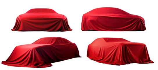 Set of red fabrics draping over cars, cut out