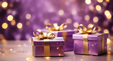 Gorgeous Lilac and Golden Shiny Gift Boxes Amidst a Background of Warm Lights