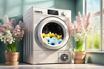 Waschmaschine mit Blühten als Hintergrund