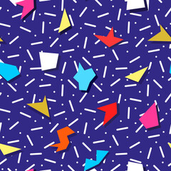 Vector seamless minimal colorful abstract pattern with creative geometric shapes. Bright trendy blue design, fashion retro style 80 - 90s. Art cool background. Vibrant textile print