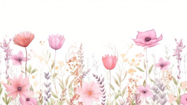 Pink wildflower garden with watercolor