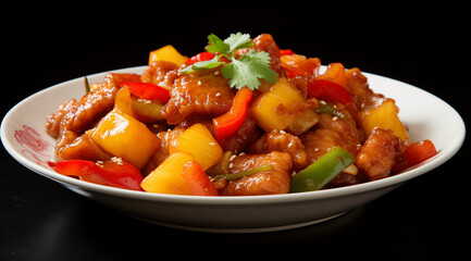 Sweet and Sour Pork: Deep-fried pork pieces coated in a tangy sauce made from vinegar, sugar, ketchup, and soy sauce, mixed with bell peppers, onions, and pineapple - Generative AI