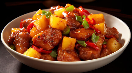 Sweet and Sour Pork: Deep-fried pork pieces coated in a tangy sauce made from vinegar, sugar, ketchup, and soy sauce, mixed with bell peppers, onions, and pineapple - Generative AI
