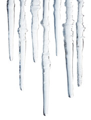 Icicles are hanging. Lots of long icicles. Frozen water. Isolated on a transparent background. - obrazy, fototapety, plakaty