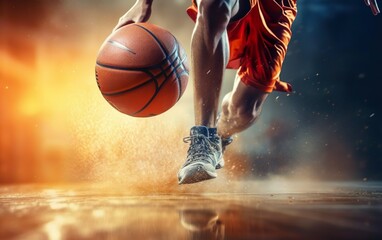Photorealistic person dribbling orange basketball ball burning on blurred background. Low angle shot. Fast motion, running legs, de focus. March madness poster design. Red fire flames. AI Generative.