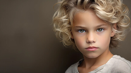 copy space, stockphoto, portrait of an caucasian boy with blond wavy hair. Beautiful young boy. Studio portait.