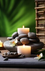Calming Spa Composition with Lit Candles and Smooth Rocks