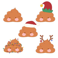 A set of kawaii Xmas poop . Poop in Santa hat, Elf hat, Chritsmas tree costume, Deer horns. Christmas cute brown heap of shit emoji collection.  - obrazy, fototapety, plakaty