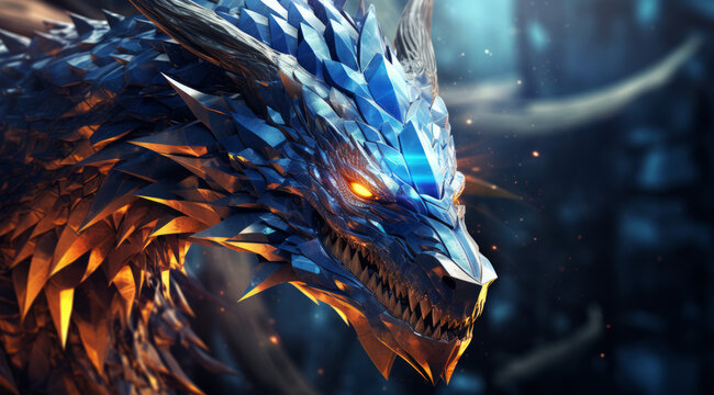 A fierce blue crystal dragon with glowing eyes in an abstract blue background.