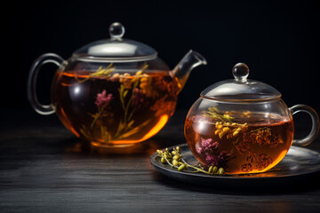 Asian pressed pu-erh tea, shu pu'er in tangerine, blooming tea in ball on dark slate background copy space created with Generative Ai