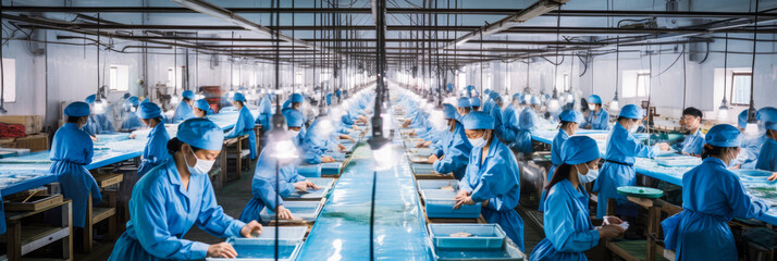 Group of Asian female workers in a mass production line and QC quality control check in at the electronics factory background. - obrazy, fototapety, plakaty