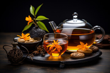 Obraz na płótnie Canvas Asian pressed pu-erh tea, shu pu'er in tangerine, blooming tea in ball on dark slate background copy space created with Generative Ai