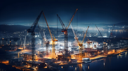 A City Reborn Under the Gleaming Cloak of Night: An Aerial View of an Illuminated Construction Site