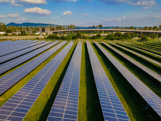 Sun energy power solar panel field in Thailand in the evening light