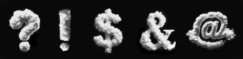 Special Characters - Cloud - Smoke - Mist - Fog - Steam - Alphabet - Black Background - 3D fat Font Uppercase Collection - ? , ! , $ , & , @ - obrazy, fototapety, plakaty