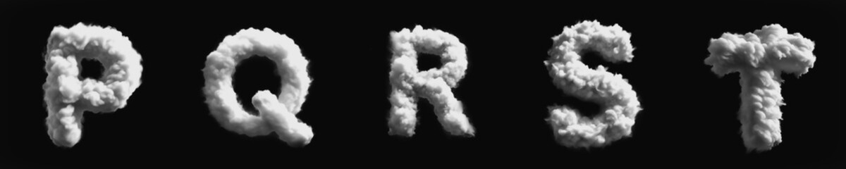 Alphabet from P to T - Cloud - Smoke - Mist - Fog - Steam - Alphabet - Black Background - 3D fat Sans Serif Uppercase Collection - P, Q, R, S, T