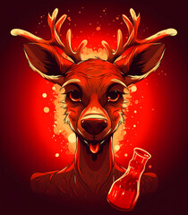 Psychedelic Strange Funny christmas deer, with lights on his horns, new year's drink, comic character, christmas card design, t-shirt design