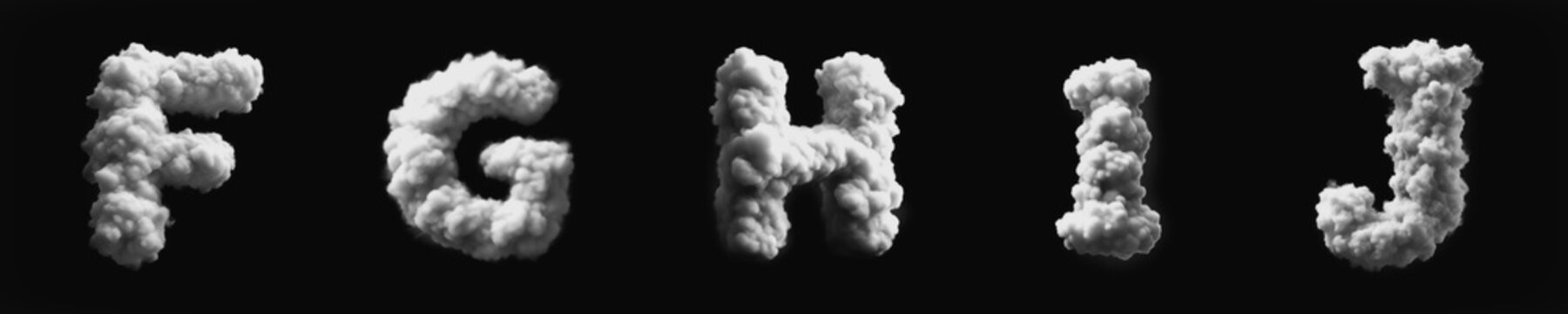 Alphabet from F to J - Cloud - Smoke - Mist - Fog - Steam - Alphabet - Black Background - 3D fat Sans Serif Uppercase Collection - F, G, H, I, J