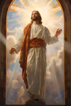 The resurrected Jesus Christ ascending to heaven above the bright light sky and clouds and God, Heaven and Second Coming concept.Vertical frame.