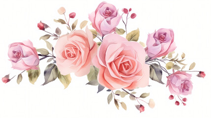 Pink rose flower bouquet collection with watercolor