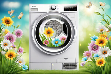 Waschmaschine mit Blühten als Hintergrund