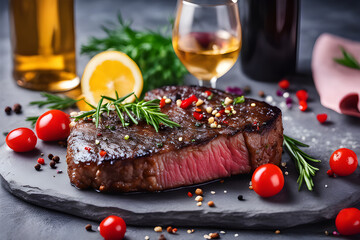 Various degrees of doneness of heart-shaped beef steak with spices, vegetables and a glass of wine on a dark stone background. photo created using the Playground AI platform