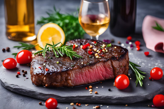Various degrees of doneness of heart-shaped beef steak with spices, vegetables and a glass of wine on a dark stone background. photo created using the Playground AI platform