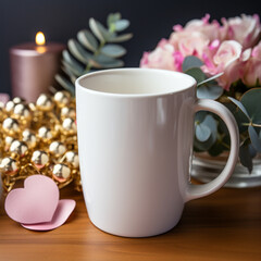 Obraz na płótnie Canvas white clear blank mug mockup, valentine themed background created with Generative Ai