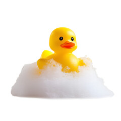 Yellow toy rubber duck in the bathroom in a mountain of soap foam - obrazy, fototapety, plakaty