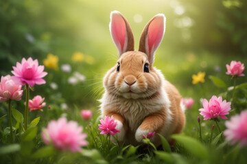 Fototapeta premium A rabbit with colorful Easter eggs, blurred meadow flowers in a tender moment, blurred green grass and blue sky. happy easter bunny in easter meadow with eggs