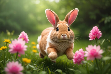 Obraz premium A rabbit with colorful Easter eggs, blurred meadow flowers in a tender moment, blurred green grass and blue sky. happy easter bunny in easter meadow with eggs