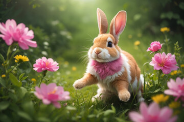 A rabbit with colorful Easter eggs, blurred meadow flowers in a tender moment, blurred green grass...
