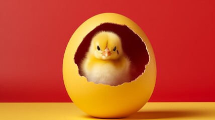 Easter egg with little chick hatching egg on isolated yellow background. - obrazy, fototapety, plakaty