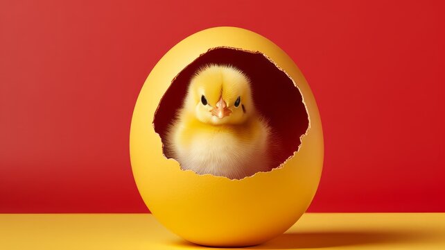 Easter egg with little chick hatching egg on isolated yellow background.