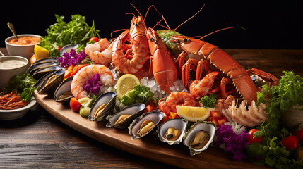 Lavish Seafood Platter: Capture the opulence of a seafood platter with a variety of pristinely arranged shellfish, highlighting the freshness of ocean delights