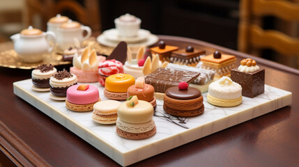 Classic French Pastries Display: Illustrate an array of classic French pastries in a patisserie display, inviting viewers to savor the elegance of French pastry craftsmanship