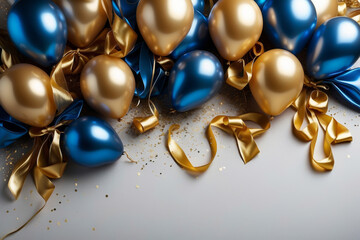 Holiday background with golden and blue metallic balloons, confetti and ribbons. Festive card for birthday party, anniversary, new year, christmas or other events