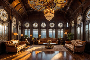 interior of  hall with a luxurious steampunk style