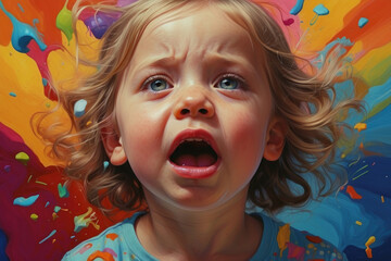 Illustration in bright colors as a painting with a portrait of a child who is overwhelmed by many influences and reacts with illness such as headaches or a vulnerable immune system