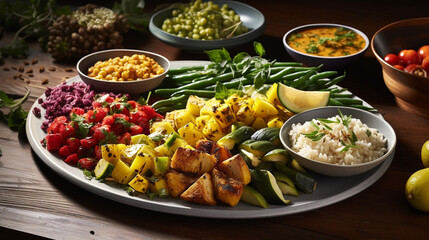 Wholesome Vegetarian Feast: Visualize a wholesome vegetarian feast with a variety of vibrant and nutritious dishes that celebrate the colors of fresh vegetables