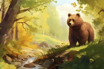 Storybook Illustration of a Bear in a Forest
