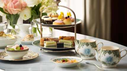 Elegant High Tea Spread: Capture the refinement of an afternoon high tea setting, featuring an assortment of delicate pastries, finger sandwiches, and teas - obrazy, fototapety, plakaty