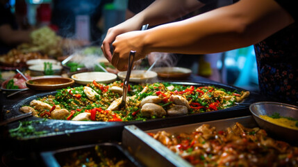 Asian Street Food Market Bustle: Visualize the vibrant chaos of an Asian street food market, with stalls offering a diverse range of delicious and exotic bites