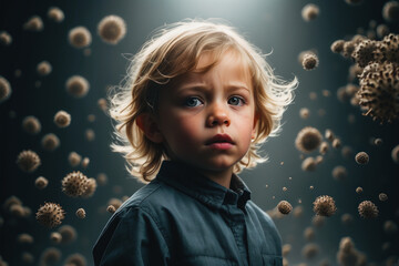 portrait boy child who is exposed to many influences and reacts with diseases such headaches vulnerable immune system. Disease and viruses, allergies. concept health