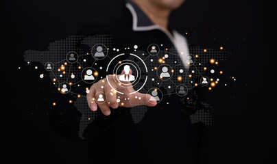 Recruitment people or Human Resource Management (HR) concept : Bussinessman using finger for choose human development recruitment leadership and customer target group to enter the position in company	