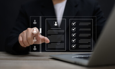 Recruitment people or Human Resource Management (HR) concept : Bussinessman using laptop for human development recruitment leadership and customer target group to enter the position in company.	