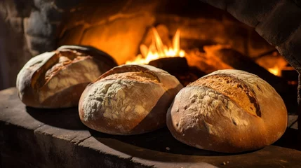 Gordijnen Rustic Bread Baking in a Traditional Oven: Capture the rustic charm of bread baking in a traditional stone oven, with golden loaves emerging from the heat © Наталья Евтехова