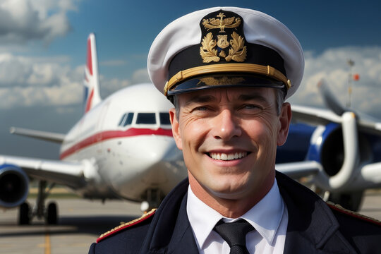a handsome adult serious man. A successful and elegant air pilot on the background of an airplane.