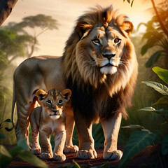 Fototapeta premium lion and lion cub in the tropics
