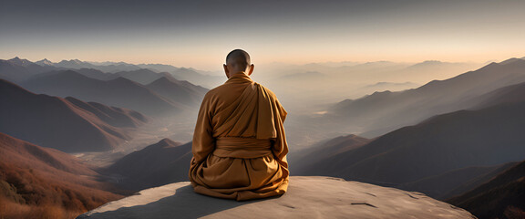 monk sits and looks at the mountains - obrazy, fototapety, plakaty